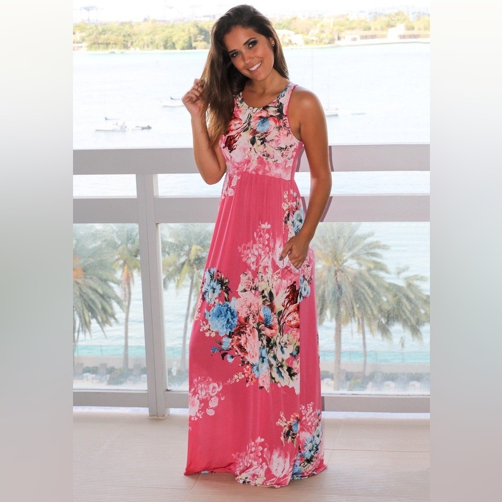 Like new Saved by the dress pink floral maxi dress with pockets and dress bag